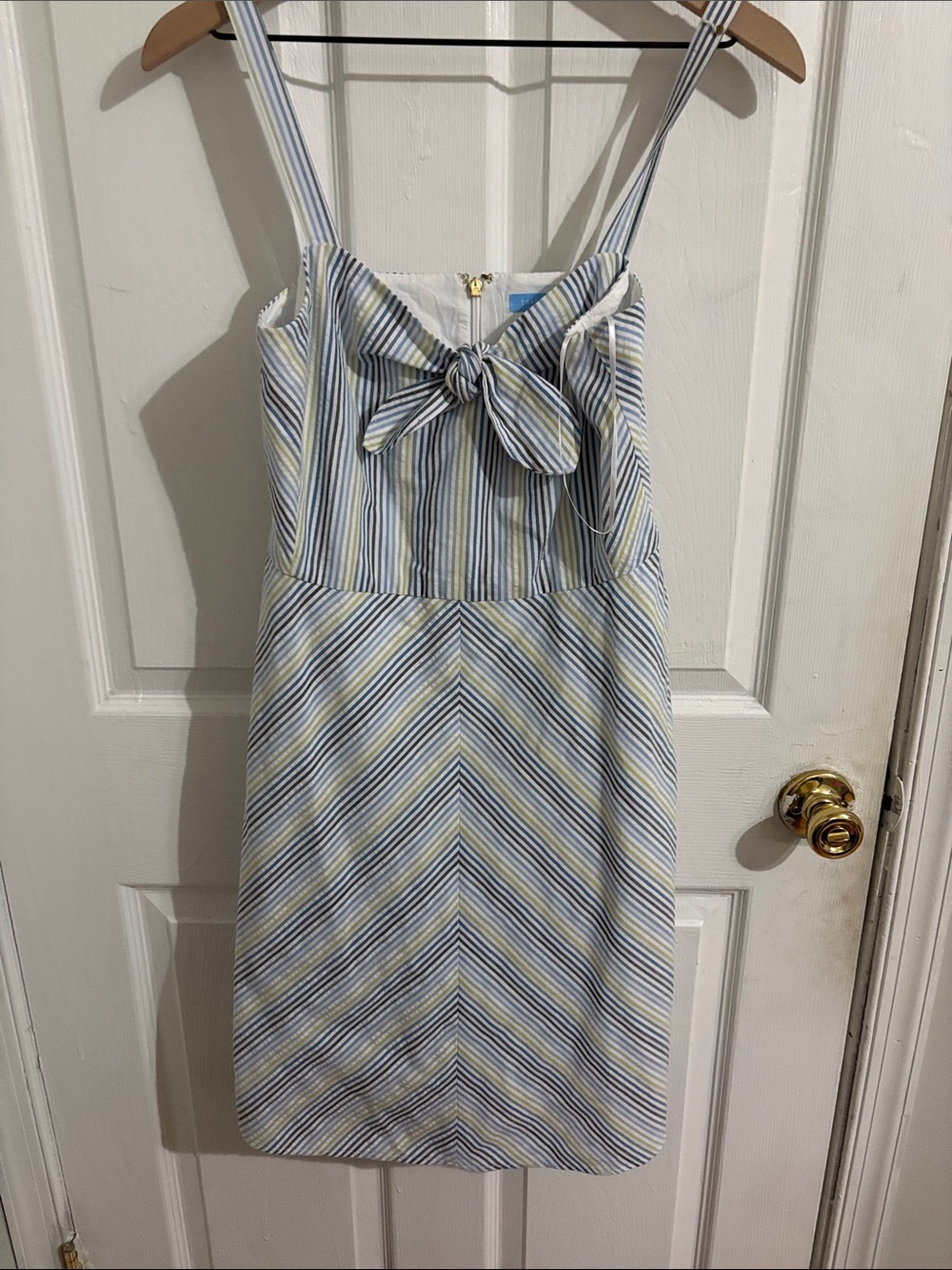 Draper James Blue, White and Yellow Striped Bow-Front Mini Dress
